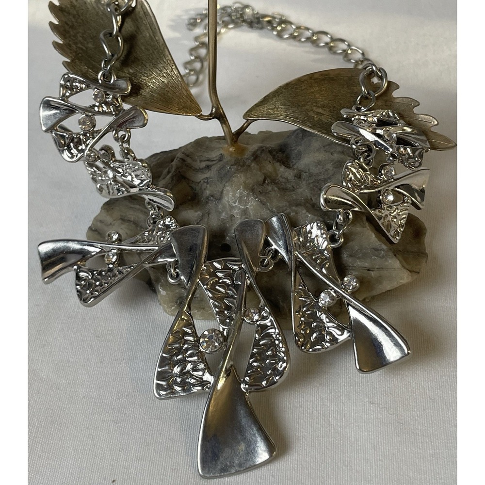 Sculptural Abstract Statement  Necklace 19" Clear Rhinestones Abstract  Modern
